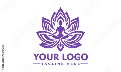 Serene woman meditating in lotus pose surrounded by a beautiful blue and pink lotus flower. Spiritual wellness concept