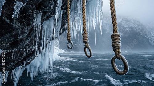 Frozen climbing ropes and icicles hang from icy alpine cliff face