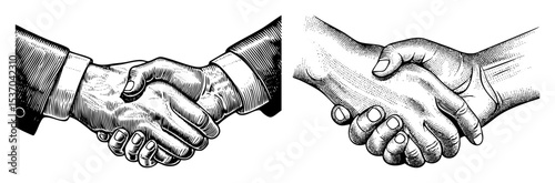 Vector Detailed engravings depict a firm handshake between two individuals.