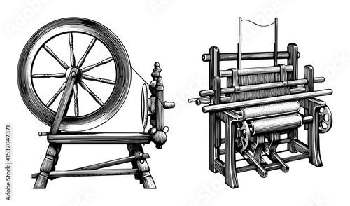 Vector Vintage spinning wheel and hand loom illustrations depict traditional textile production.