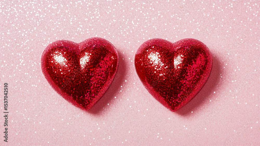 Obraz premium Two red glitter hearts on pink background valentine's day love romance heart shape glittery sparkle