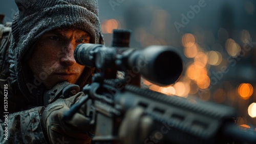 Special forces sniper taking aim from a rooftop, lens glinting, city lights below, cinematic precision.