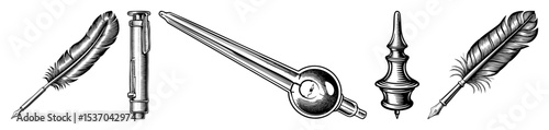 Vector Vintage writing implements and a rapier sword are displayed in a detailed woodcut style.