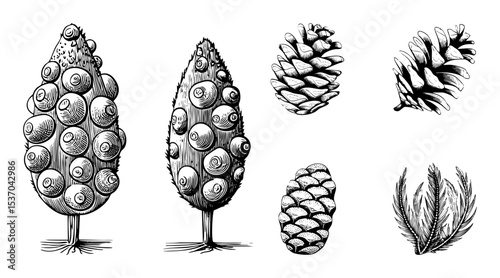 Vector Detailed botanical illustrations depict coniferous trees and pinecones.
