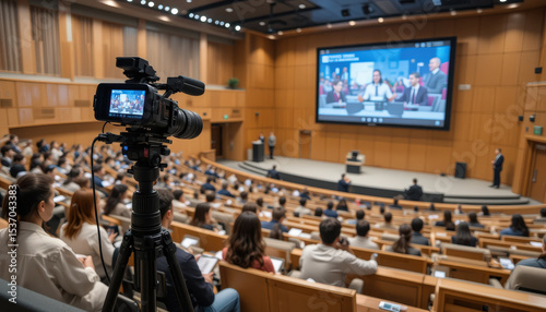 Professional camera captures conference presentation large auditorium filled with engaged audience. atmosphere is focused and collaborative