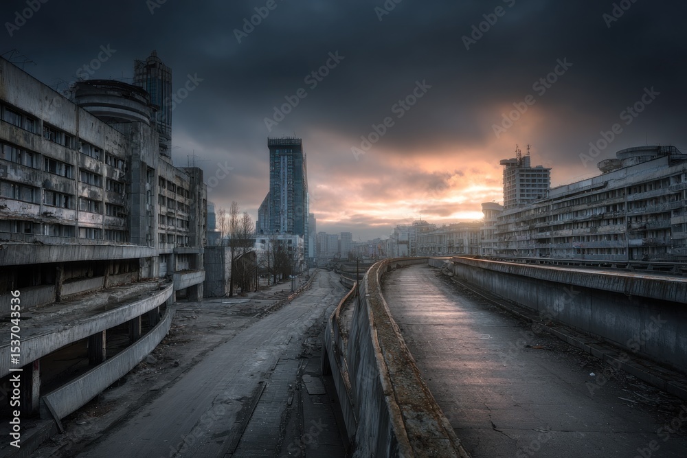 Naklejka premium Desolate city street at dawn with abandoned buildings
