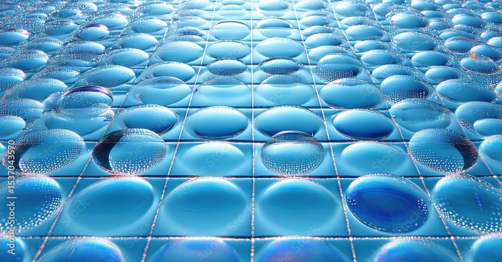 Fototapeta premium Blue bubbles cover surface. Grid pattern creates abstract, reflective texture. Light plays across rounded forms, offering depth.