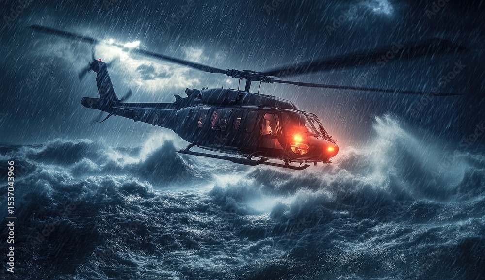 Fototapeta premium Military helicopter in a violent storm over turbulent waters