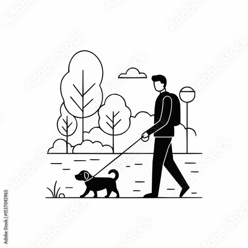 Minimalist black and white SVG-style vector of a person walking a dog in the park with trees in the background. Linework and silhouette style.