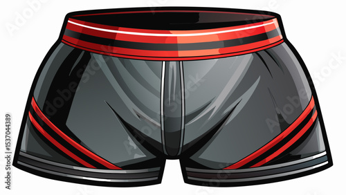 Close-up of black sport shorts with wide elastic waistband. Smooth finish and flexible design. Displayed on a clean white background, ideal for fitness vector with comfort and powerful contrast.