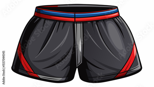 Close-up of black sport shorts with wide elastic waistband. Smooth finish and flexible design. Displayed on a clean white background, ideal for fitness vector with comfort and powerful contrast.
