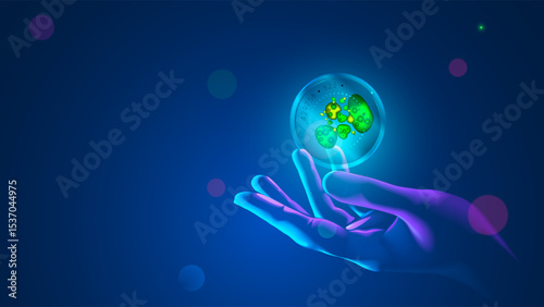A scientist examines a colony of bacteria in a petri dish. The microbiologist gloved hand holds a close-up glass tube with samples of green bacteria. Microbiological and chemical laboratory tests.