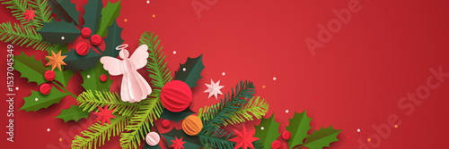 Paper cut template. Christmas vector greeting card. Christmas tree, balls, and a decor isolated on a red background. Winter frame for holidays with place for text.
