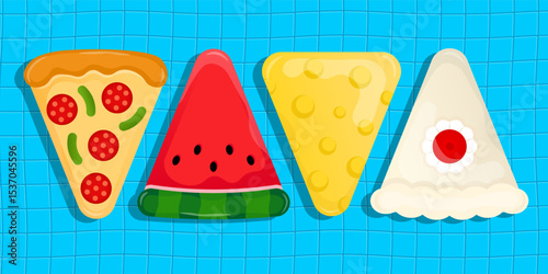 Creative triangle-shaped swimming floats featuring pizza, watermelon, cheese, and cake designs. Eye-catching and playful for pool scenes.