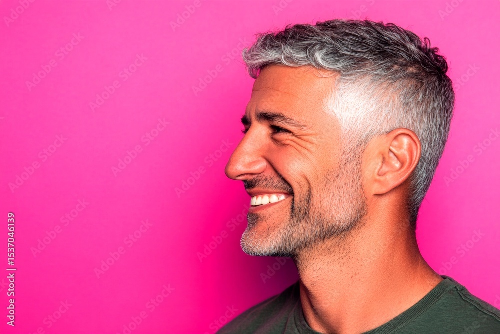 Fototapeta premium Conceptual art of style for aging men. Classy men's wavy fringe haircut - midlife arabian man with short hair. Pink solid background. An expressive and modern man in a studio setting.