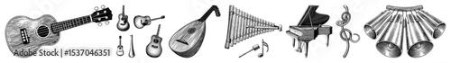 Vector Collection of vintage musical instruments and symbols in engraved style.