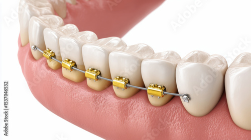 Close-up of lower teeth with gold-colored braces attached, demonstrating orthodontic dental treatment for teeth alignment.