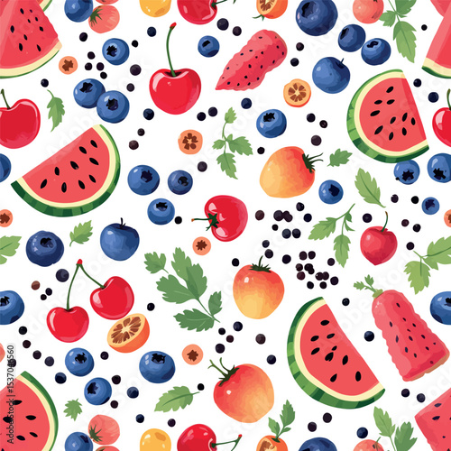 Vsai seamless pattern with appetizing blueberries, cherries, tomatoes, watermelon slices and herbs on white background