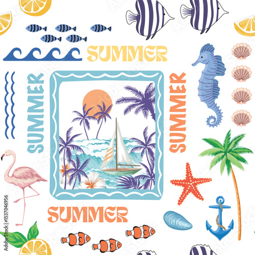 Sailboat, palms, sea wave, hibiscus flower in the frame, flamingo, fish, anchor, starfish, lemon, shell, sea horse seamless pattern. Summer patchwork print. wallpaper.
