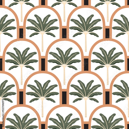 Tropical palm tree, arch seamless pattern. Jungle wallpaper.	
