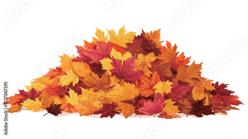 A high-angle, close-up shot depicts a large pile of autumn leaves against a pure white background. The leaves are predominantly maple leaves in various shades of red, orange, and yellow. 