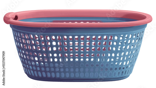 The image shows a plastic laundry basket with an oval shape. The basket is primarily light blue, with a pink rim at the top. The basket is perforated with a regular pattern of small holes