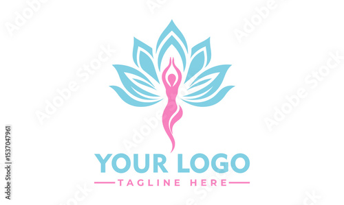 Serene woman meditating in lotus pose surrounded by a beautiful blue and pink lotus flower. Spiritual wellness concept