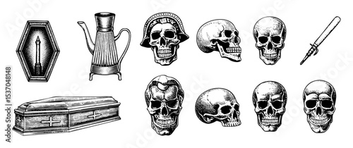 Vector Vintage funeral emblems featuring skulls coffin and antique objects in engraved style.