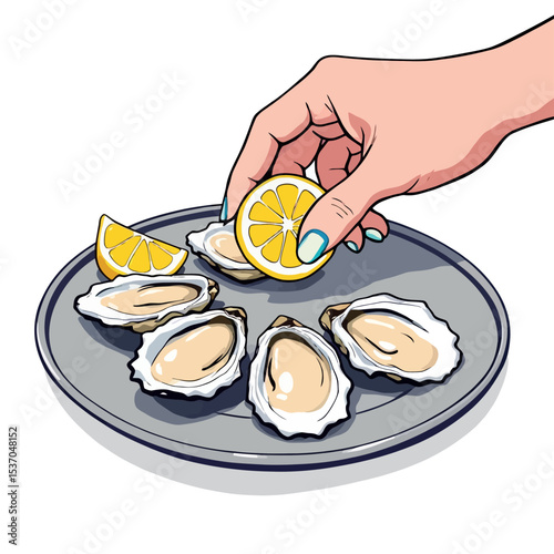 Vsai woman squeezing lemon on fresh oysters served on plate