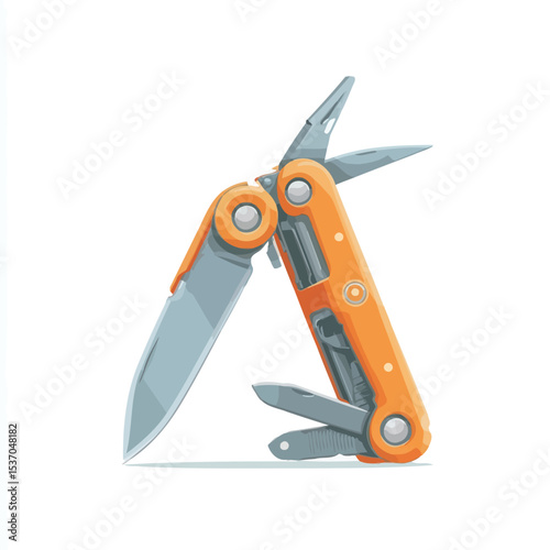 A digital illustration of an orange multi-tool knife, partially open, against a white background. The knife is depicted in a detailed vector style, showcasing its various tools such as blades,