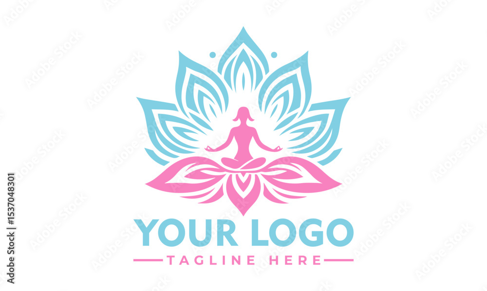 Obraz premium Serene woman meditating in lotus pose surrounded by a beautiful blue and pink lotus flower. Spiritual wellness concept