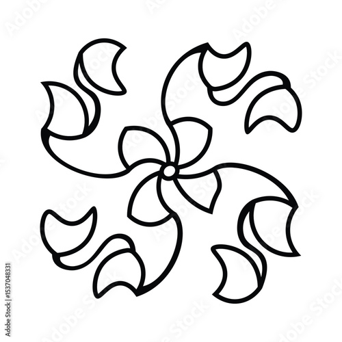 Floral mandala outline with five petals and curved leaf elements on white background
