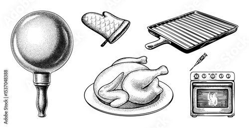 Vector Culinary tools and a roasted fowl .