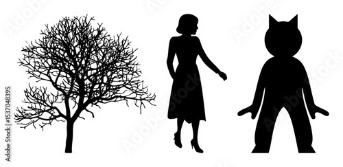 Vector Silhouette of a woman and cat-headed figure near a bare tree