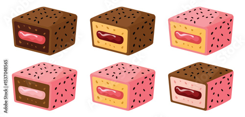 Six delicious chocolate and strawberry cube cakes