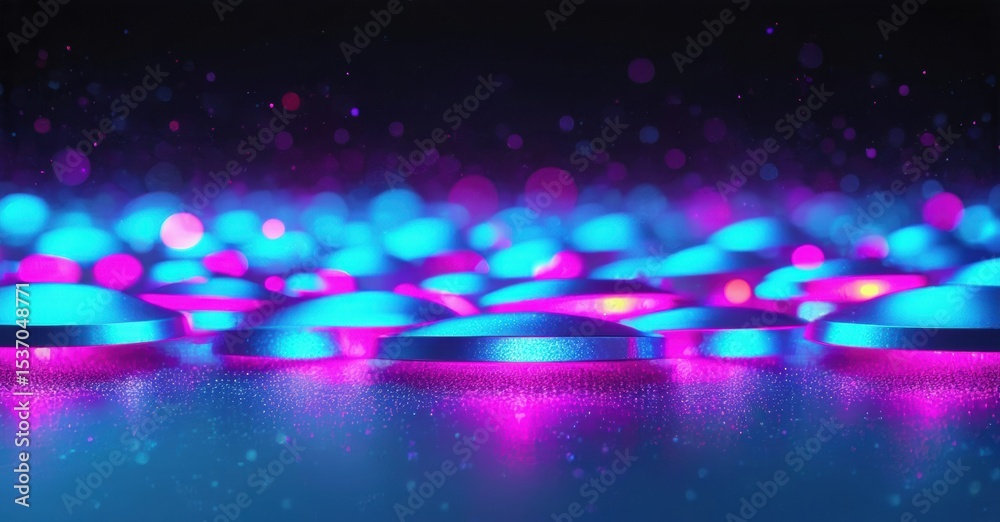 Fototapeta premium Abstract background features vibrant blue, pink lights. Reflective surface creates dynamic, futuristic impression. Dark space surrounds glowing elements.
