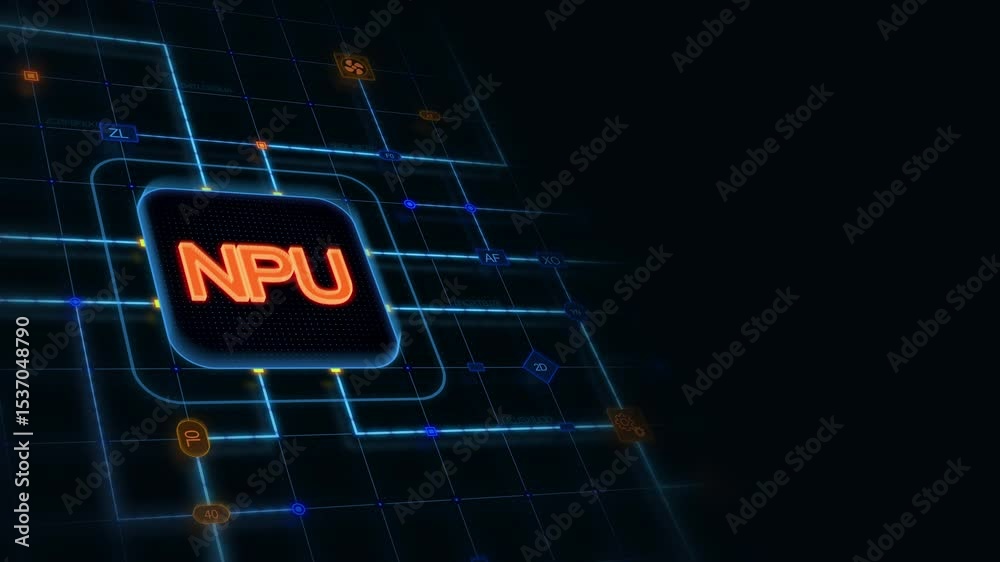 Orange 3d NPU in a rounded rectangle with glowing circuit, line connections and blue grid at the left of a dark background, horizontal composition. Loop animation footage for graphic design.