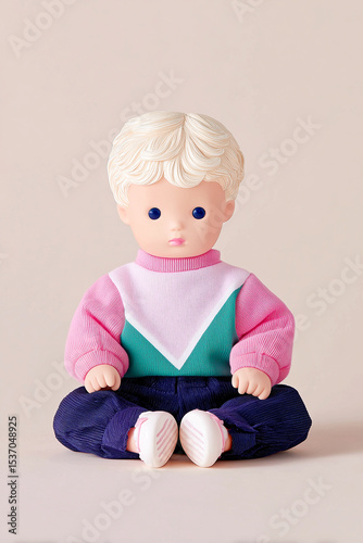 vintage pouting baby doll toy sitting on ground against beige background