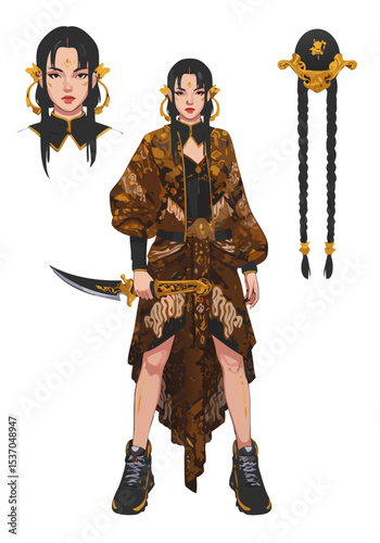 Warrior woman illustration in ornate outfit with sword on transparent background