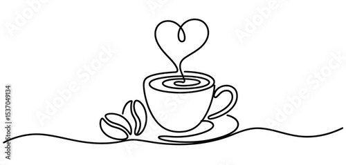 One line drawing coffee cup with heart steam
