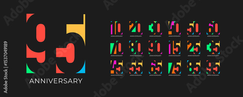 Colorful pop birthday anniversary celebration numbers on black. Youthful geometric style for jubilee events, creative branding, milestone years. Bold vibrant flat vector illustration
