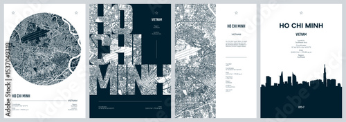 Set of travel posters with Ho Chi Minh, detailed urban street plan city map, Silhouette city skyline, vector artwork