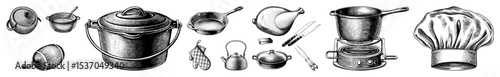 Vector Vintage kitchenware collection featuring detailed illustrations of pots pans and utensils.