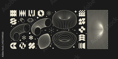 Vector graphic assets kit acid style, Postmodern abstract geometric shapes with wireframe elements of different forms, Y2K trendy design in brutalism aesthetic, template symbols set 16