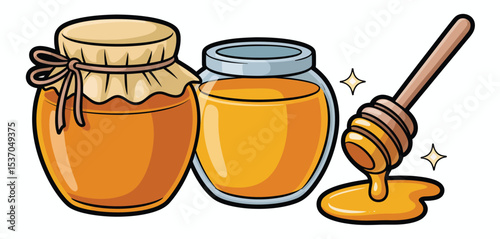 Sweet honey jars with honey dipper illustration