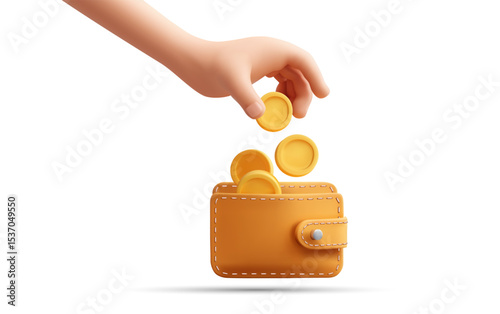 3D vector illustration of human hand dropping gold coins into stitched leather wallet, symbolizing savings, budget planning, income management, cash deposit, personal finance, isolated on white.