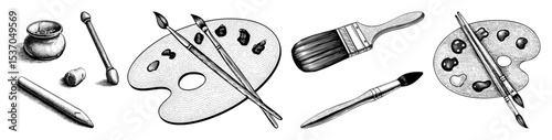 Vector Artistic tools including brushes palette and paint jar .