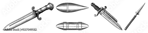 Vector Ancient weaponry collection featuring daggers spearhead and illustrations.