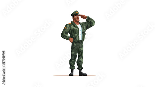 A digital illustration depicting a stylized cartoon rendering of a male soldier in a camouflage uniform. He is saluting with his right hand to his forehead, his left hand rests on his hip.