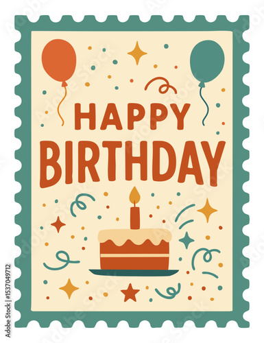 Retro style Happy Birthday postage stamp with cake, balloons, confetti, and sparkles in warm vintage colors. Perfect for greeting cards, party invitations, packaging, and festive decorations
